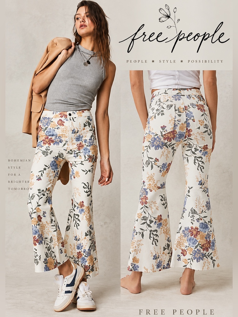 Free People Youthquake Floral Printed Crop Flare Jeans in Cream White